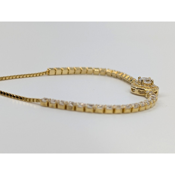 Lariat Bracelet 925 CZ Clear Rhinestones Gold Tone Bolo Tennis Style Minimalist - Picture 5 of 12